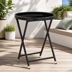 Black Poly Rattan Outdoor Tea Table with Tempered Glass