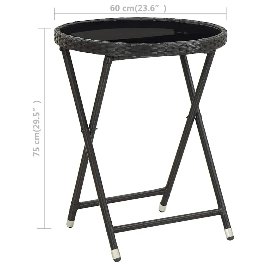 Outdoor Tea Table Black PE Rattan Tempered Glass 60cm Folding