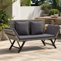 Sturdy 176cm Grey Poly Rattan Garden Bench with Cushions