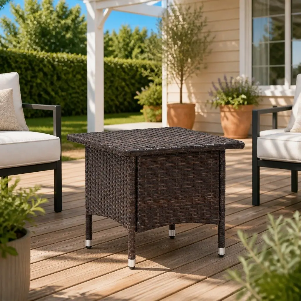 Garden Patio Coffee Table Steel Frame Brown Poly Rattan 50x50x47cm Weather Resistant Outdoor End Table