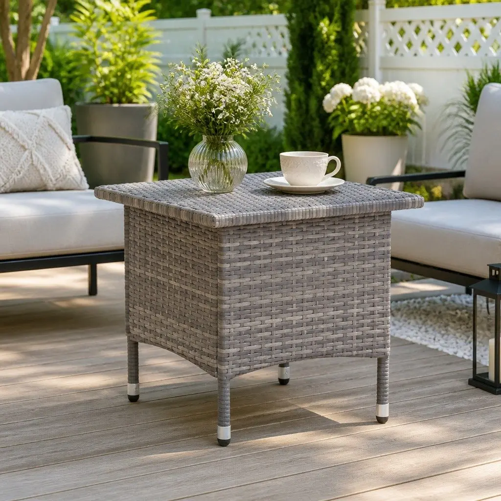 Grey Poly Rattan Outdoor Tea Table with Steel Frame
