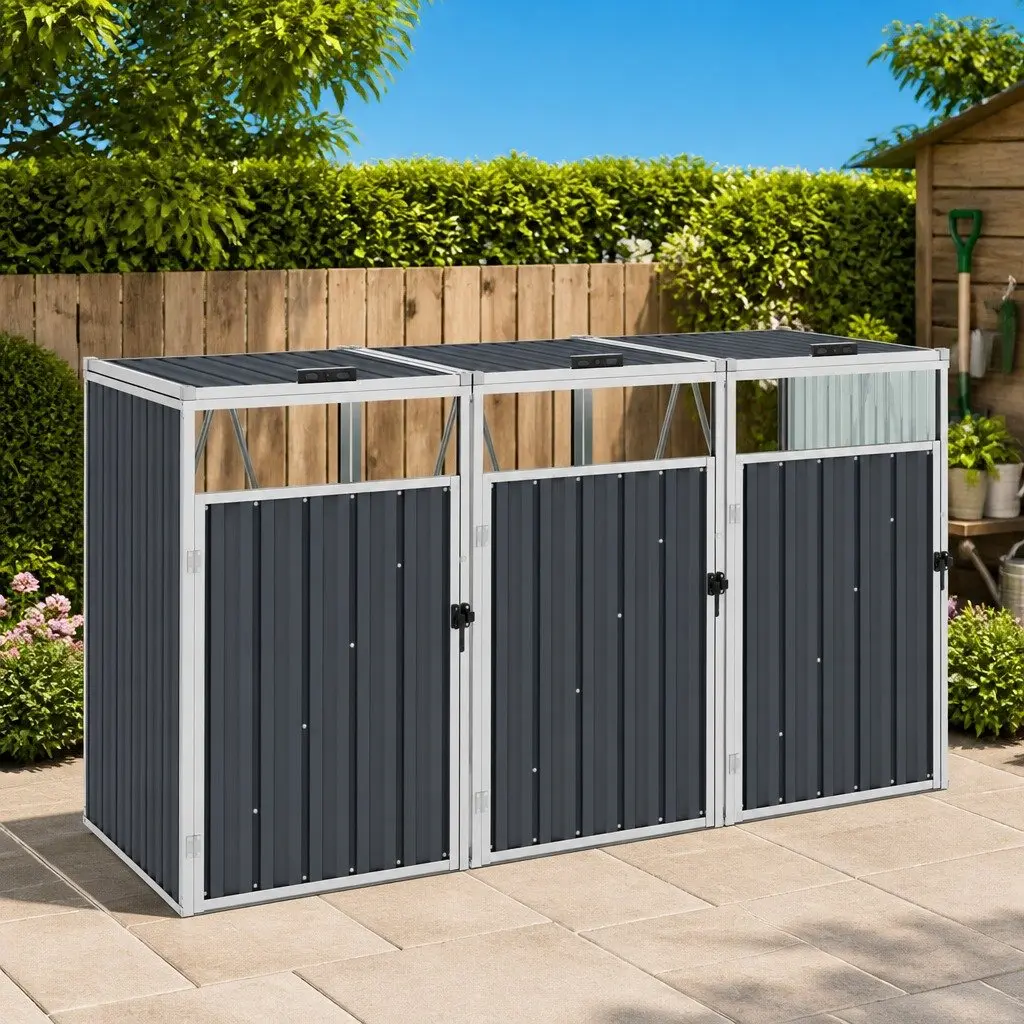 Triple Garbage Bin Shed for Outdoor Waste Storage