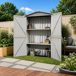 Durable Grey Metal Outdoor Storage Shed for Tools