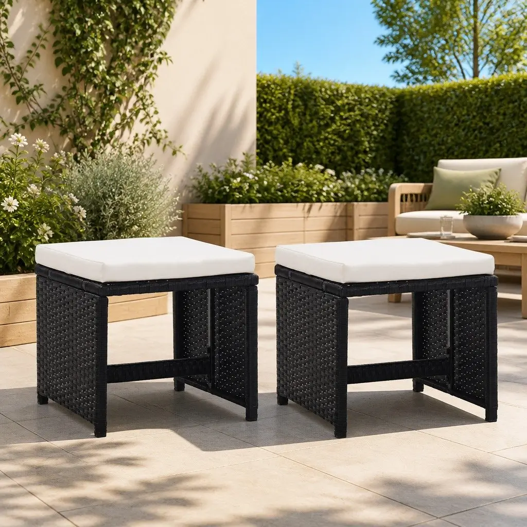 Garden Stools Set 2 pcs Poly Rattan Powder-coated Steel Black with Cushions