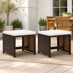 2 Pack Brown Rattan Garden Stools with Cushions