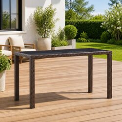 Sturdy Brown Poly Rattan Outdoor Dining Table with Glass Top