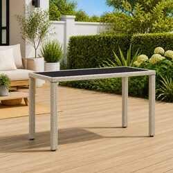 Stylish Beige Poly Rattan Garden Dining Table with Glass Top