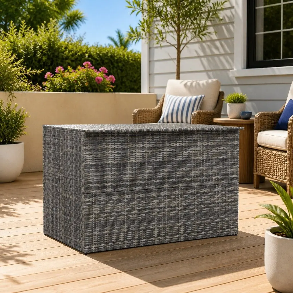 Grey Poly Rattan Outdoor Storage Chest