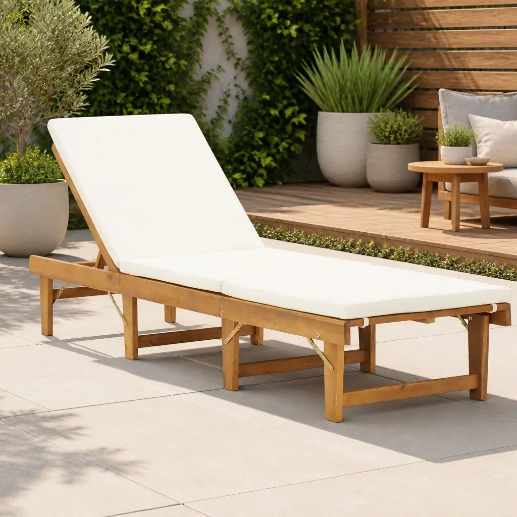 Folding Sun Lounger Solid Acacia Wood Outdoor Patio Garden Bed Brown with Cushion