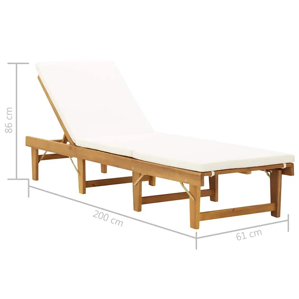 Folding Sun Lounger Solid Acacia Wood Outdoor Patio Garden Bed Brown with Cushion