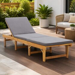 Solid Acacia Folding Sun Lounger with Grey Cushion