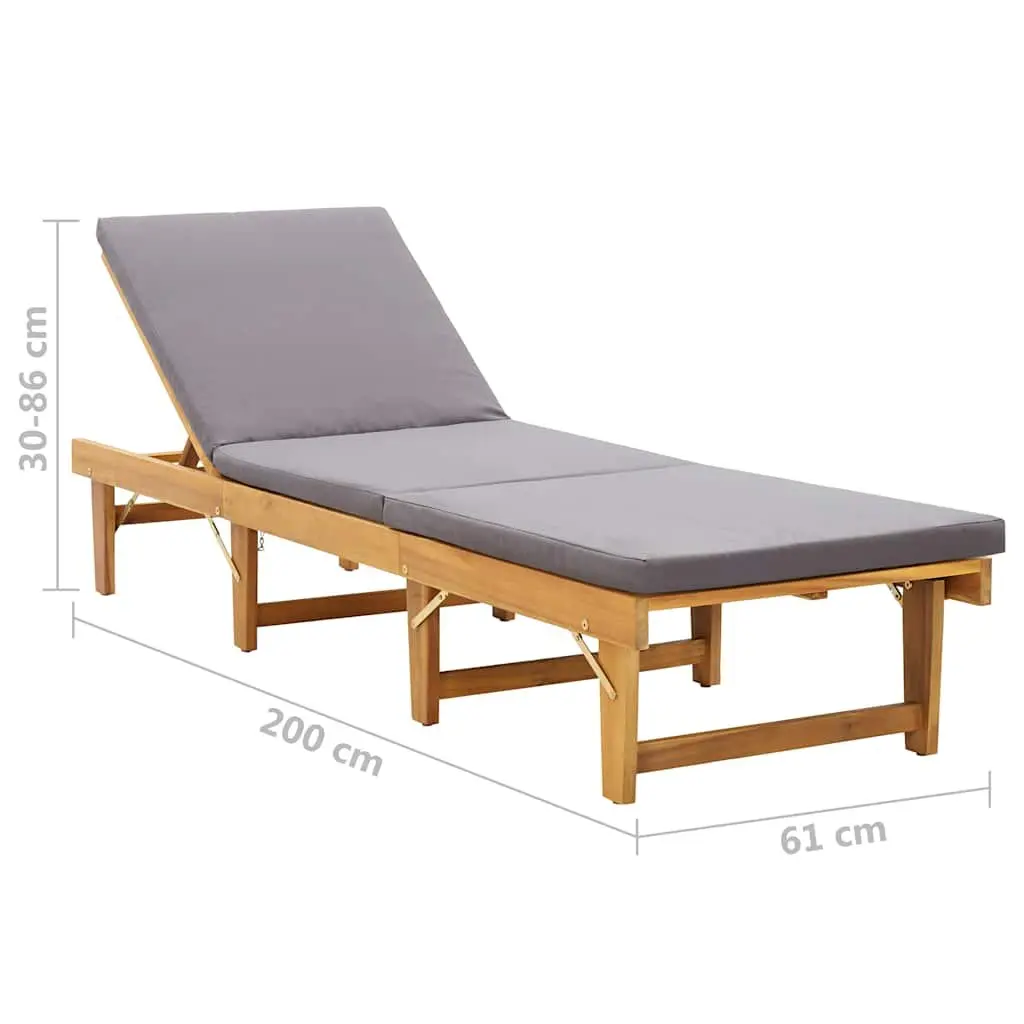 Solid Acacia Folding Sun Lounger with Grey Cushion