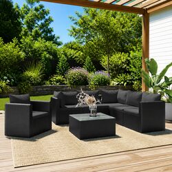 7 Piece Outdoor Sectional Sofa Set Poly Rattan Lounge with Cushions Coffee Table