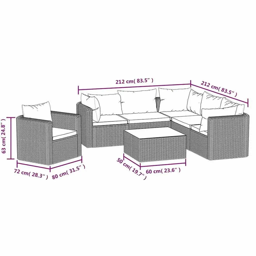 7 Piece Outdoor Sectional Sofa Set PE Rattan Black with Cushions Coffee Table