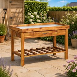 Sturdy Acacia Wood Garden Work Bench with Zinc Top