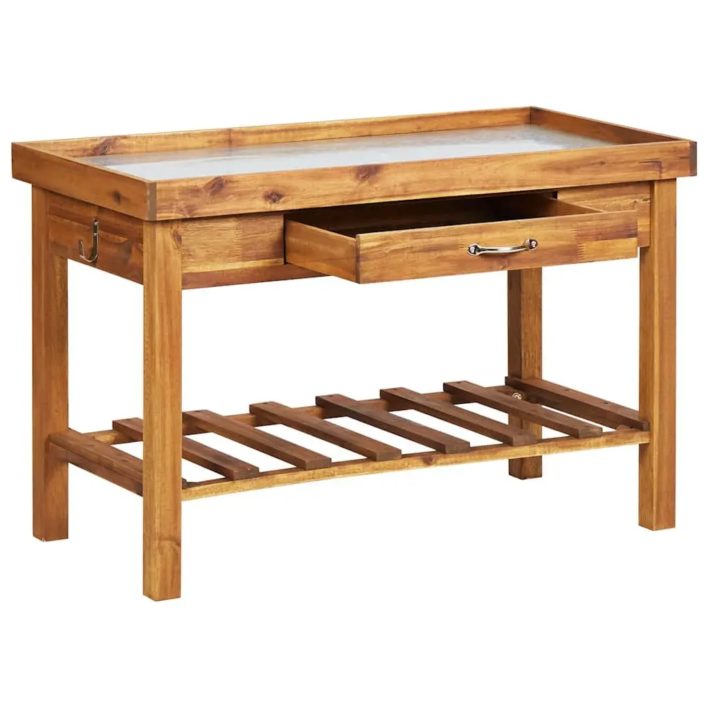 Garden Work Bench Solid Acacia Wood Zinc Top Brown