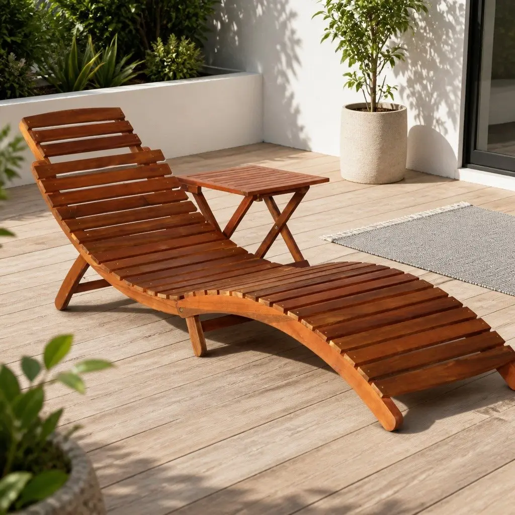 Solid Acacia Wood Sun Lounger with Integrated Side Table