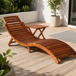Solid Acacia Wood Sun Lounger with Integrated Side Table