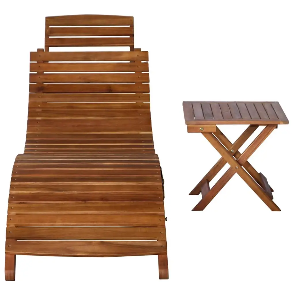 Solid Acacia Wood Sun Lounger with Integrated Side Table