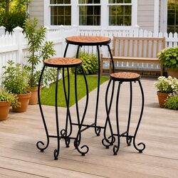 Mosaic Plant Stand Table Set 3pc Ceramic Top Garden Outdoor Patio Decor Brown