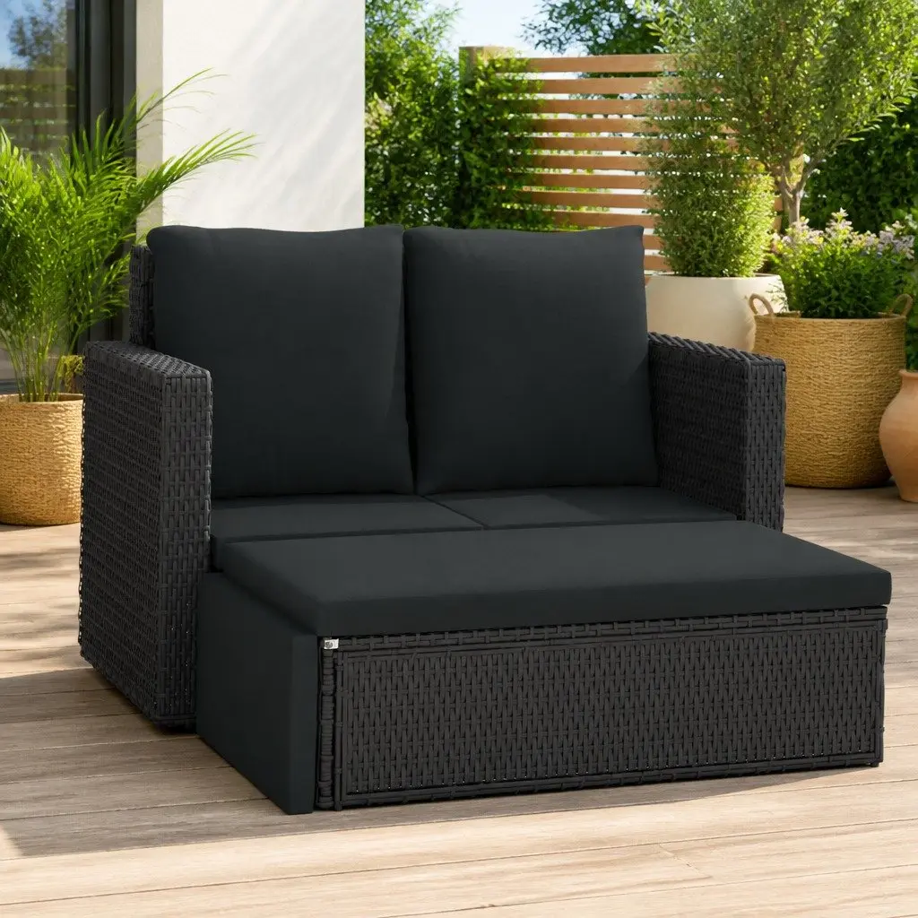 2 Piece Outdoor Rattan Sofa and Stool Set