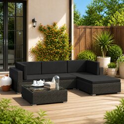 5 Piece Black Poly Rattan Garden Lounge Set with Cushions