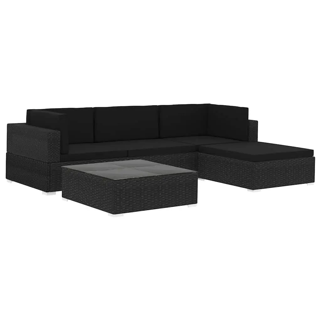 5 Piece Garden Lounge Set PE Rattan Black Outdoor Patio Sofa with Cushions