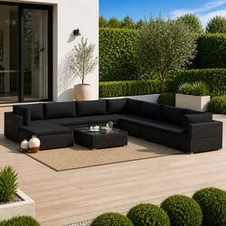 Black 9 Piece Outdoor Rattan Sofa Set for Patios
