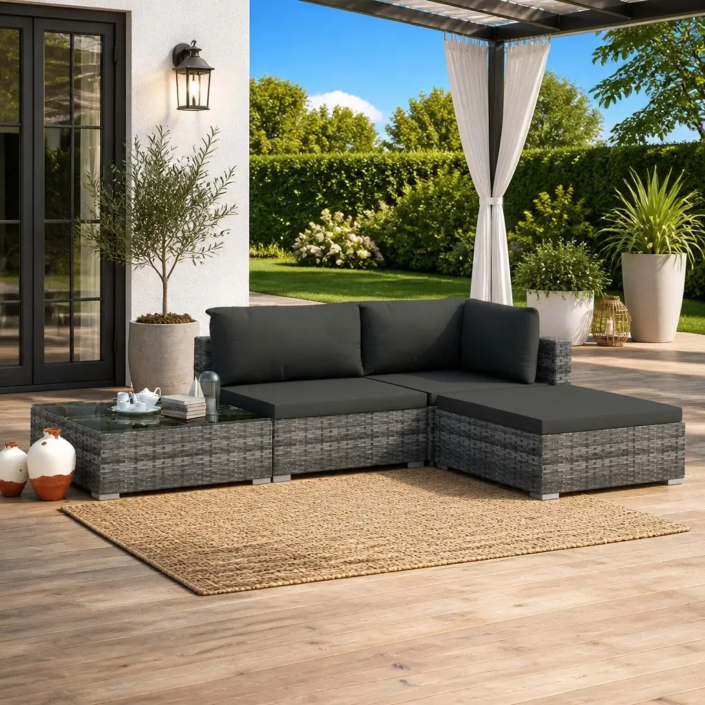 4 Piece Garden Lounge Sofa Set PE Rattan Grey Outdoor Furniture