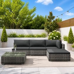 5 Piece Grey Rattan Sofa Set with Cushions for Outdoor