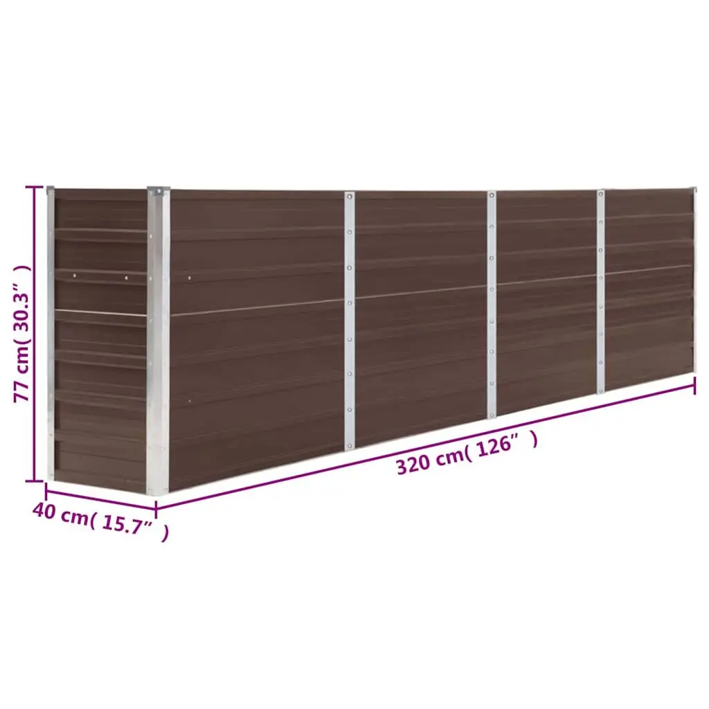Rectangular Raised Planter Brown Galvanised Steel 320x40x77cm Sturdy Construction for Vegetables Herbs Flowers