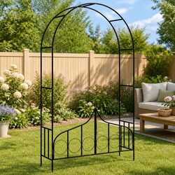 Sturdy Black Garden Arch with Gate for Climbing Plants