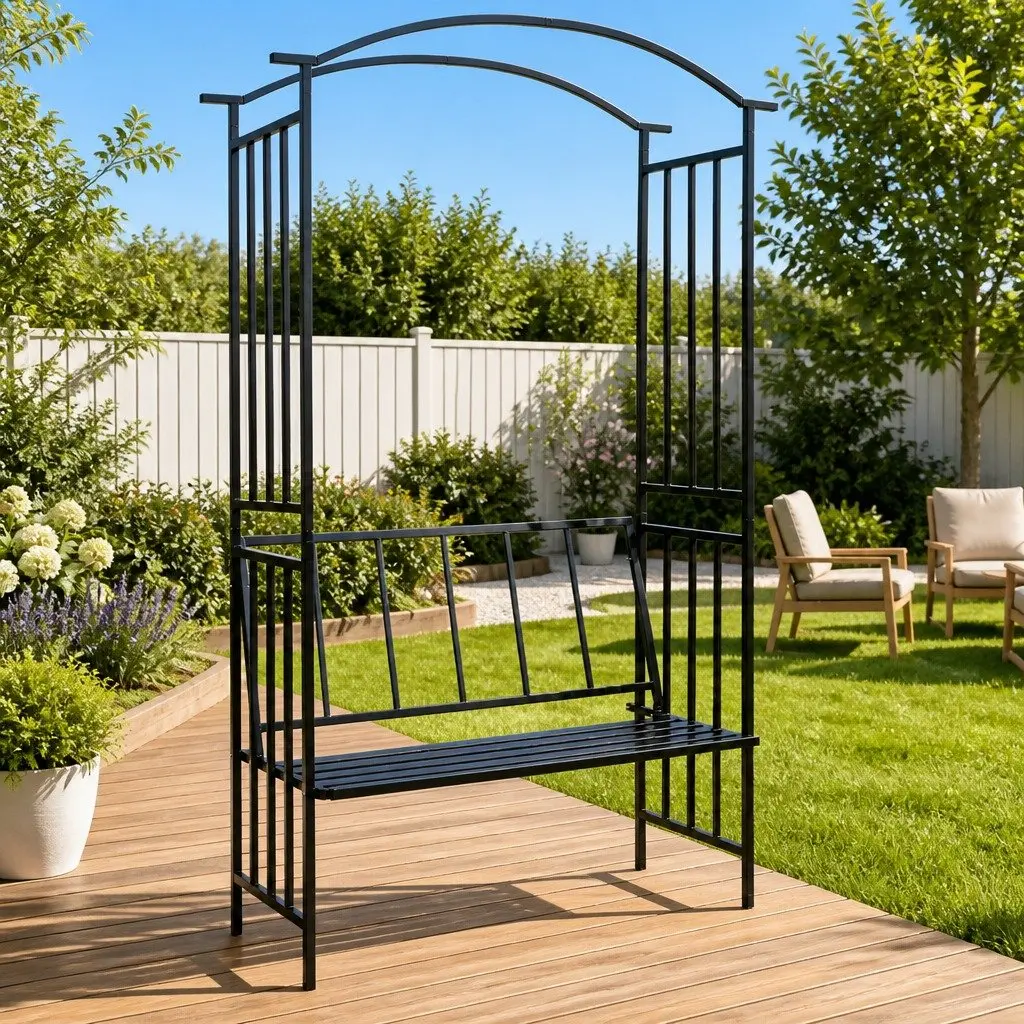 Black Garden Arch with Bench for Climbing Plants