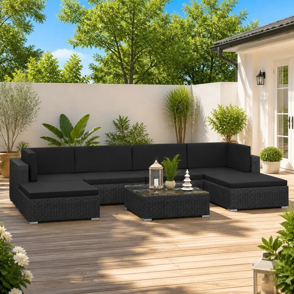 7-Piece Poly Rattan Garden Lounge Set with Cushions