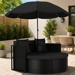 Black Outdoor Rattan Lounge Bed with Parasol Set