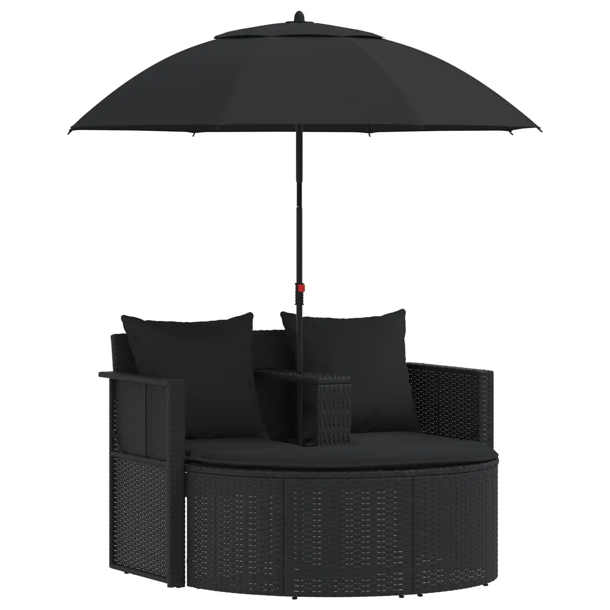 Rattan Lounge Bed Outdoor Furniture Set Black PE Rattan Cream White Cushions Removable Parasol