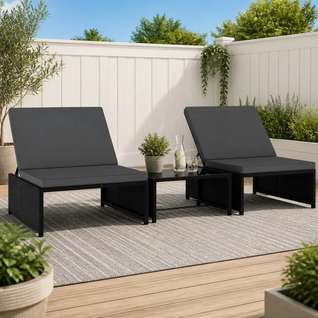 Reclining Garden Chairs Set Poly Rattan Black Outdoor Lounge with Table