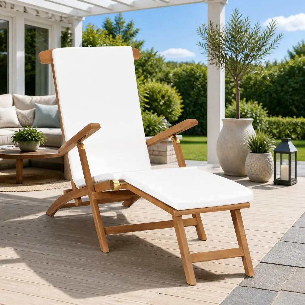 Cream Teak Wood Deck Chair with Cushion