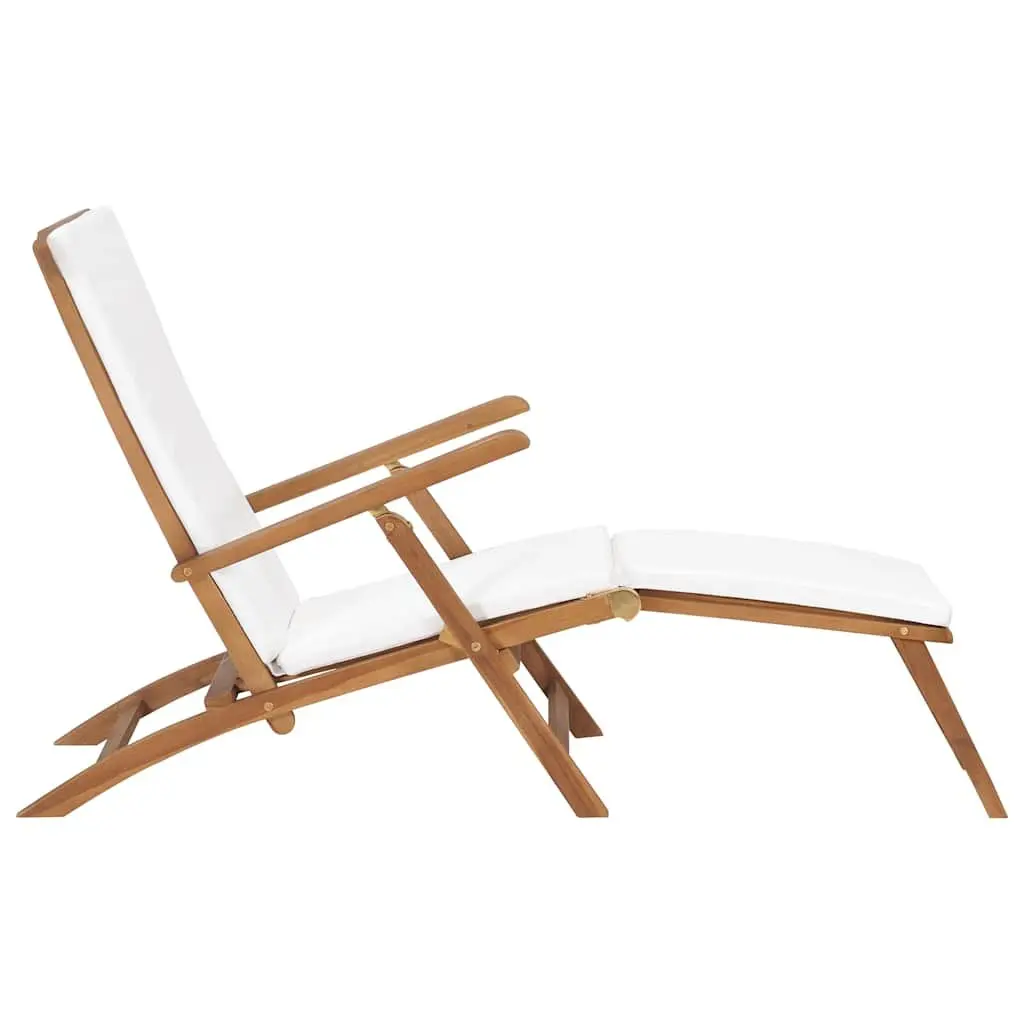 Cream Teak Wood Deck Chair with Cushion