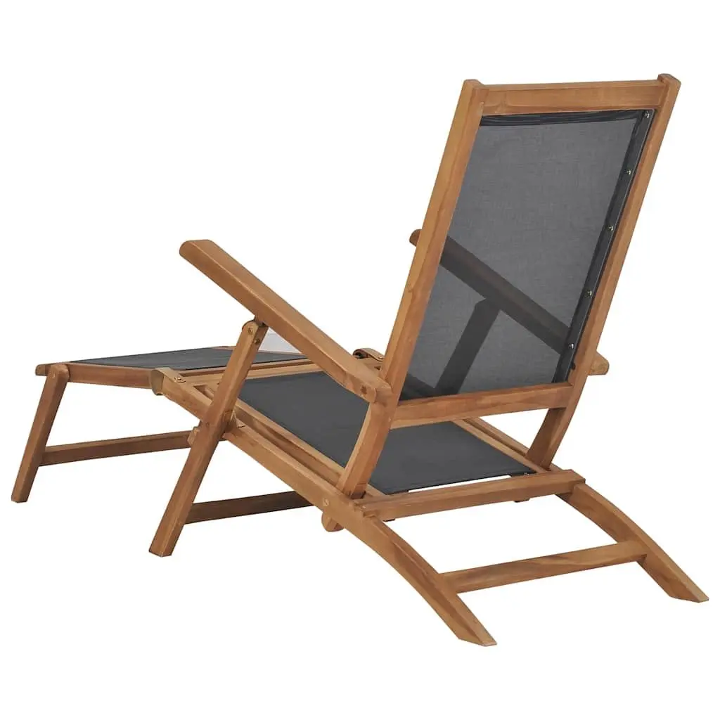 Deck Chair Teak Wood Black Reclining Backrest with Detachable Footrest