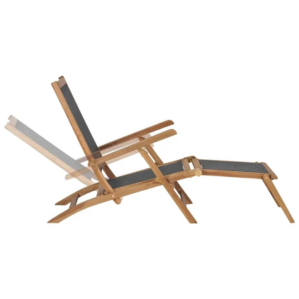 Deck Chair Teak Wood Black Reclining Backrest with Detachable Footrest