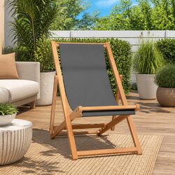 Teak Wood Folding Beach Chair - Grey Outdoor Lounge Seat