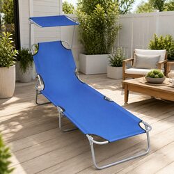 Durable Blue Folding Sun Lounger with Adjustable Canopy