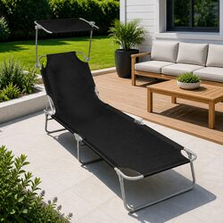 Sun Lounger with Canopy Folding Outdoor Seating Adjustable Backrest Black