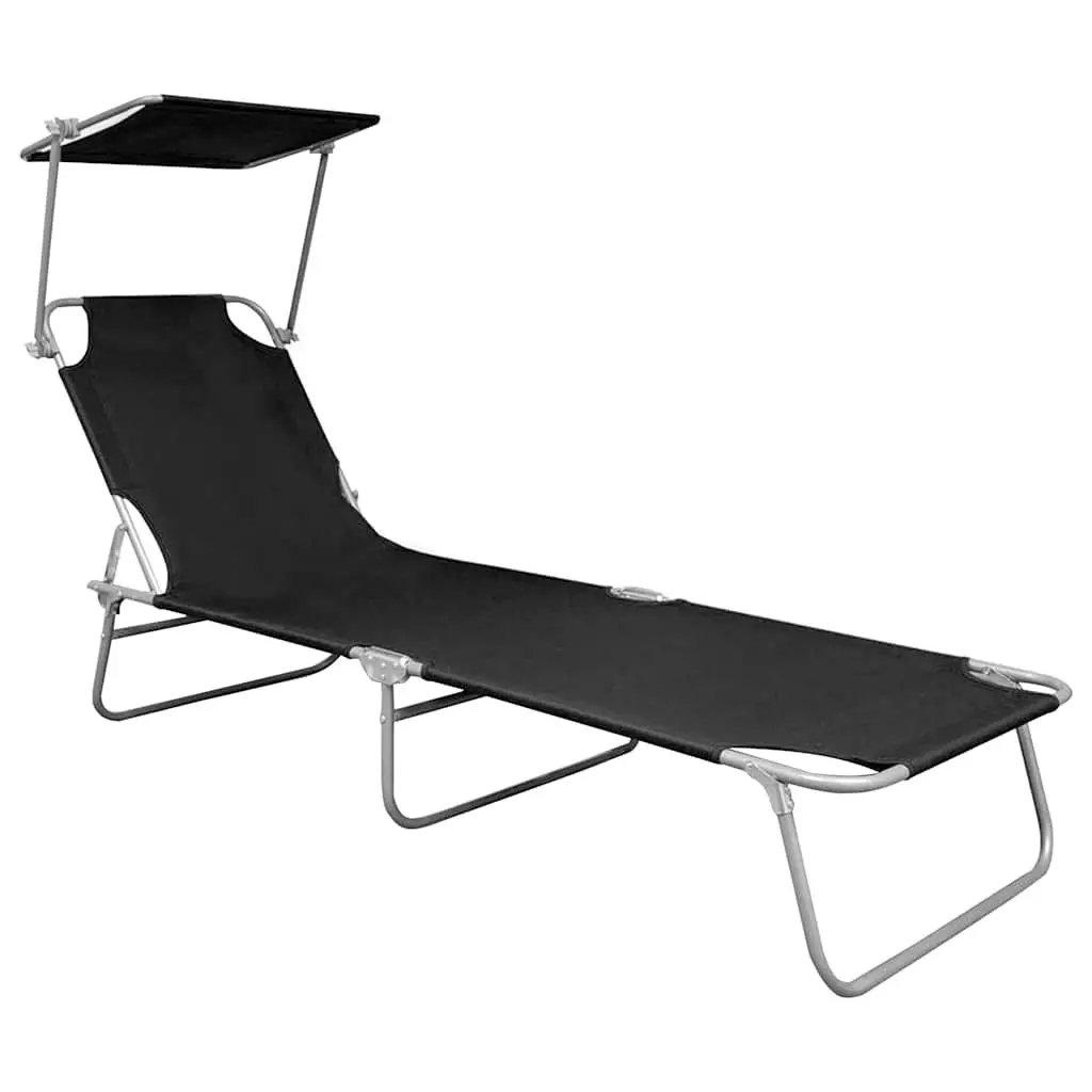 Sun Lounger with Canopy Folding Outdoor Seating Adjustable Backrest Black