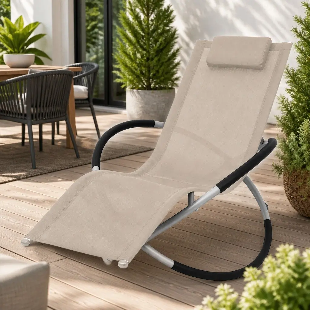 Sun Lounger Galvanised Steel Folding Brown Geometrical Textilene Garden Chair