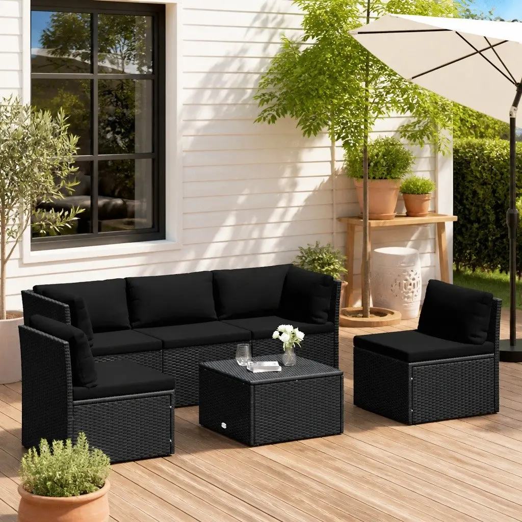 Outdoor Lounge Set PE Rattan 4 Piece Black Garden Patio Furniture with Cushions