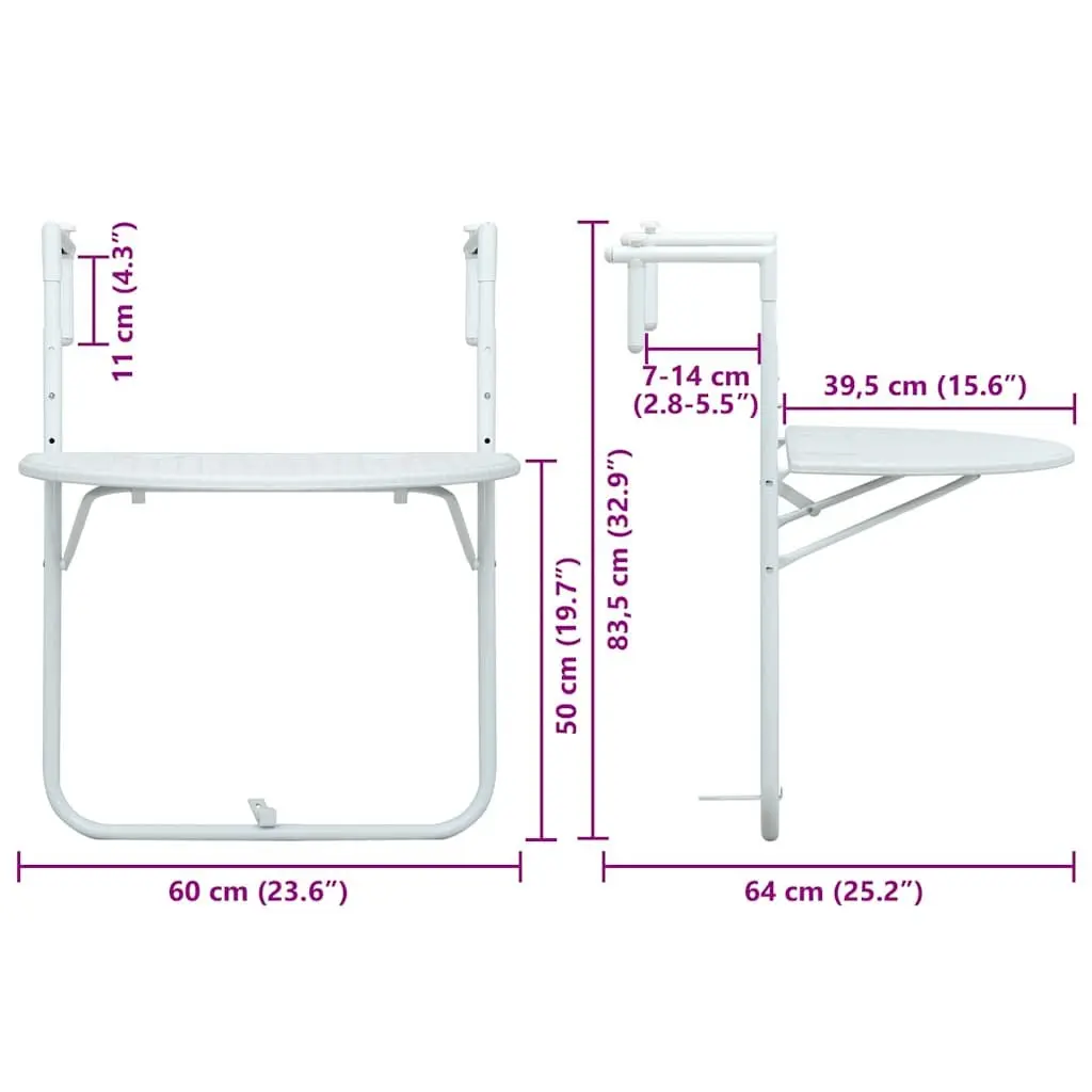 Adjustable Height White Outdoor Hanging Balcony Table