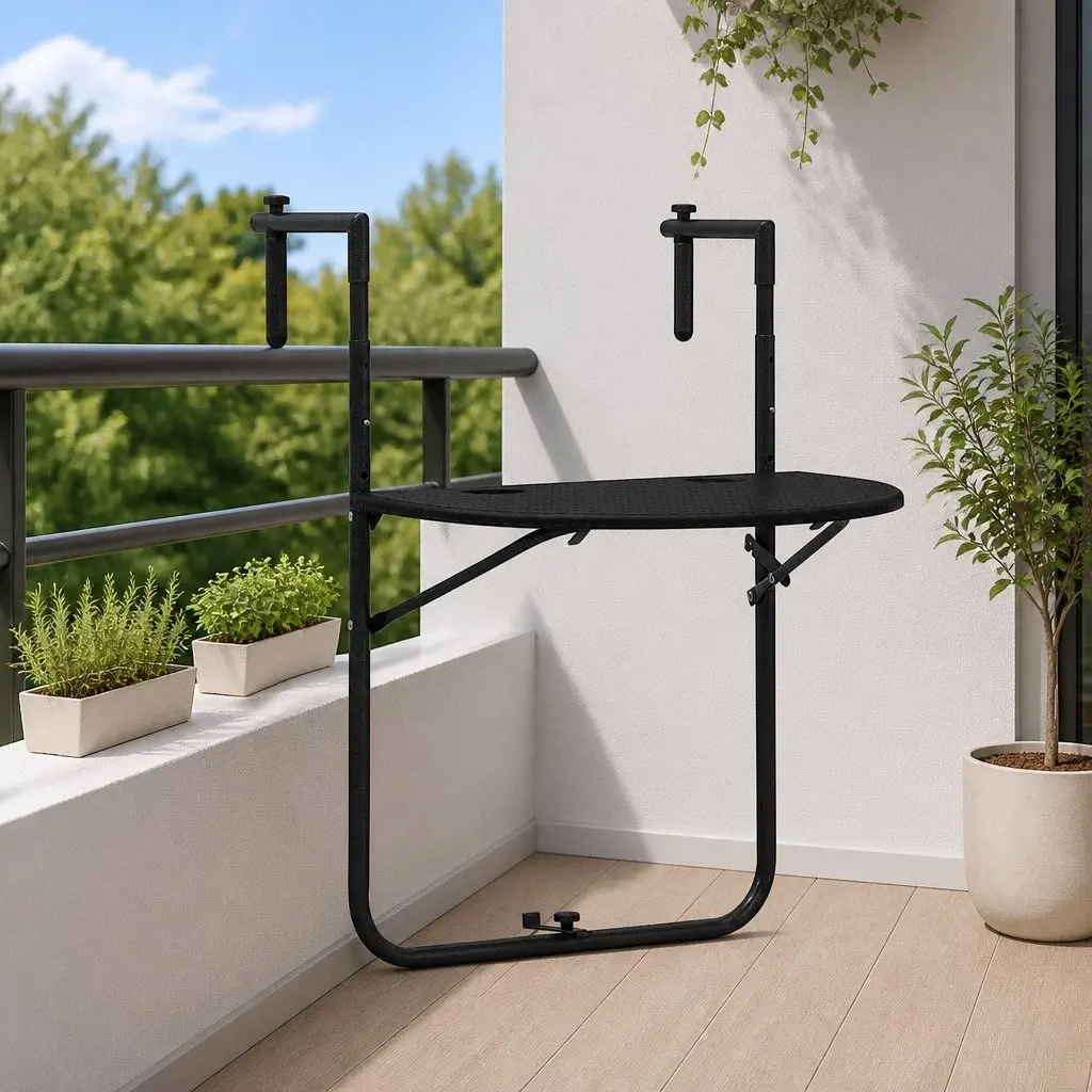 Adjustable Height Outdoor Hanging Table Black Foldable Rattan Style