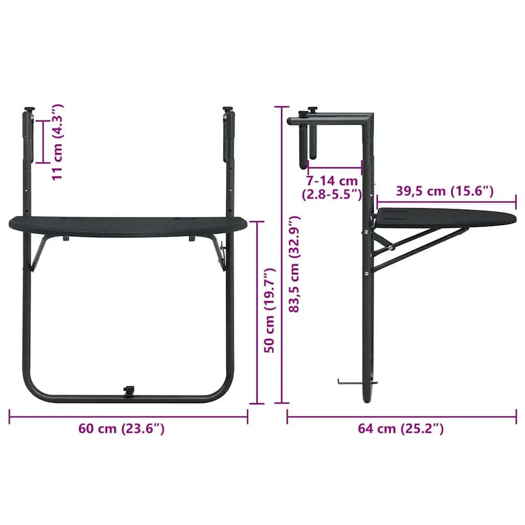 Adjustable Height Outdoor Hanging Table Black Foldable Rattan Style